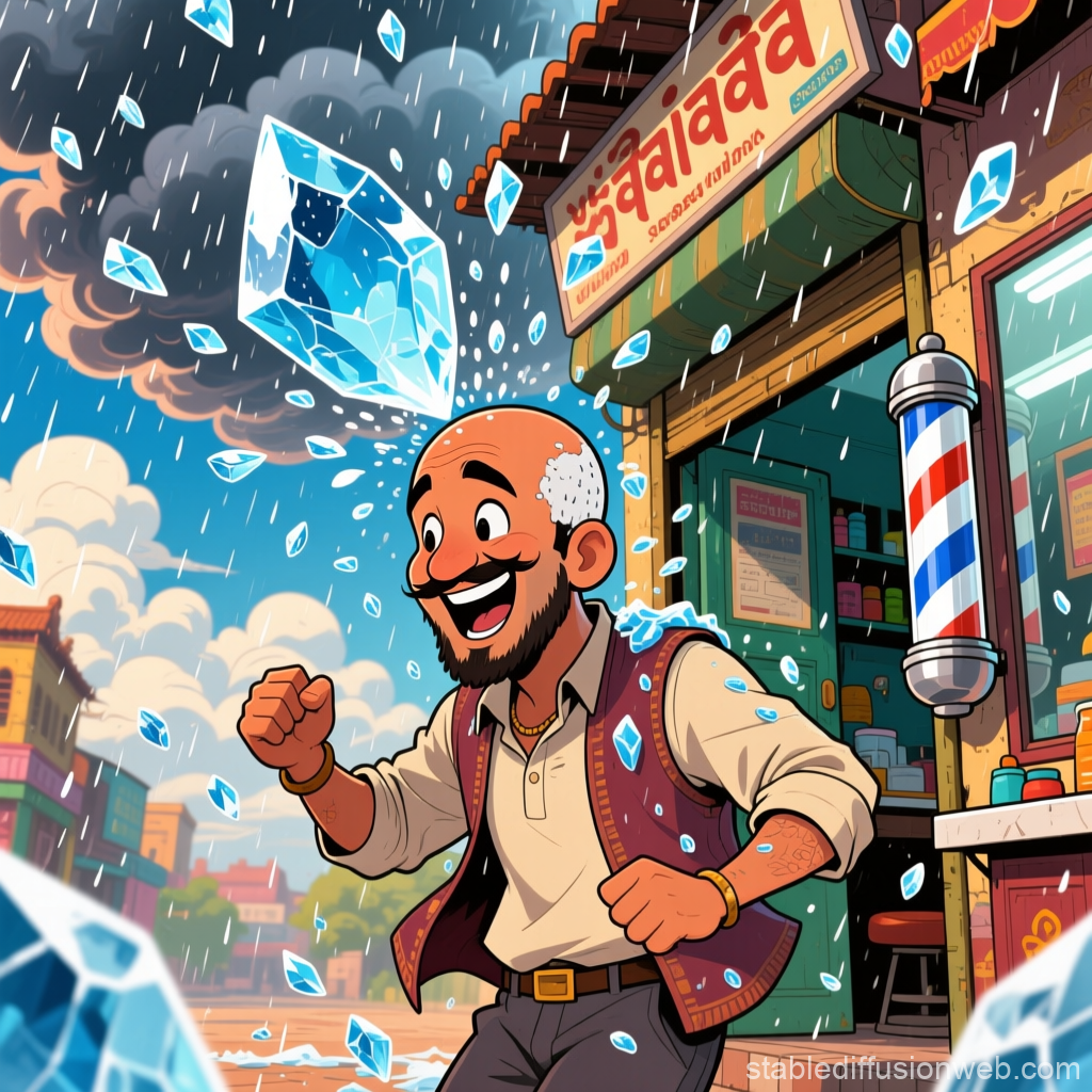 Joyful Bald Man in a Magical Ice Hailstorm