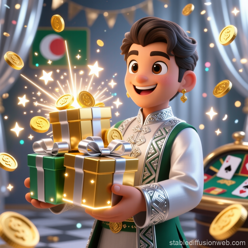 Joyful Bangladeshi Character Holding Glowing Gift Boxes