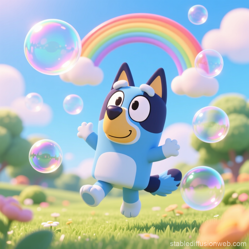 Joyful Blue Dog Playing with Rainbow Bubbles