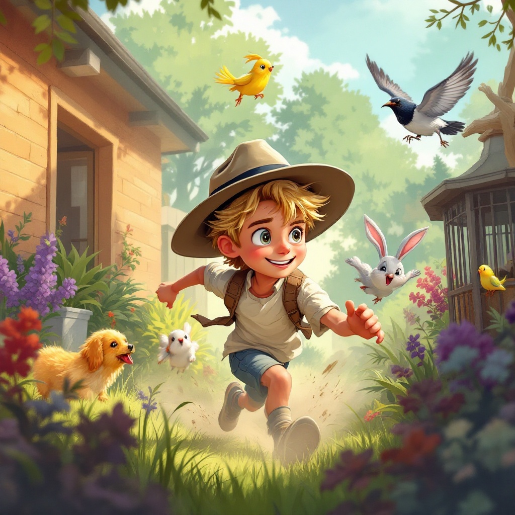 Joyful Boy Running with Animals in a Sunny Garden