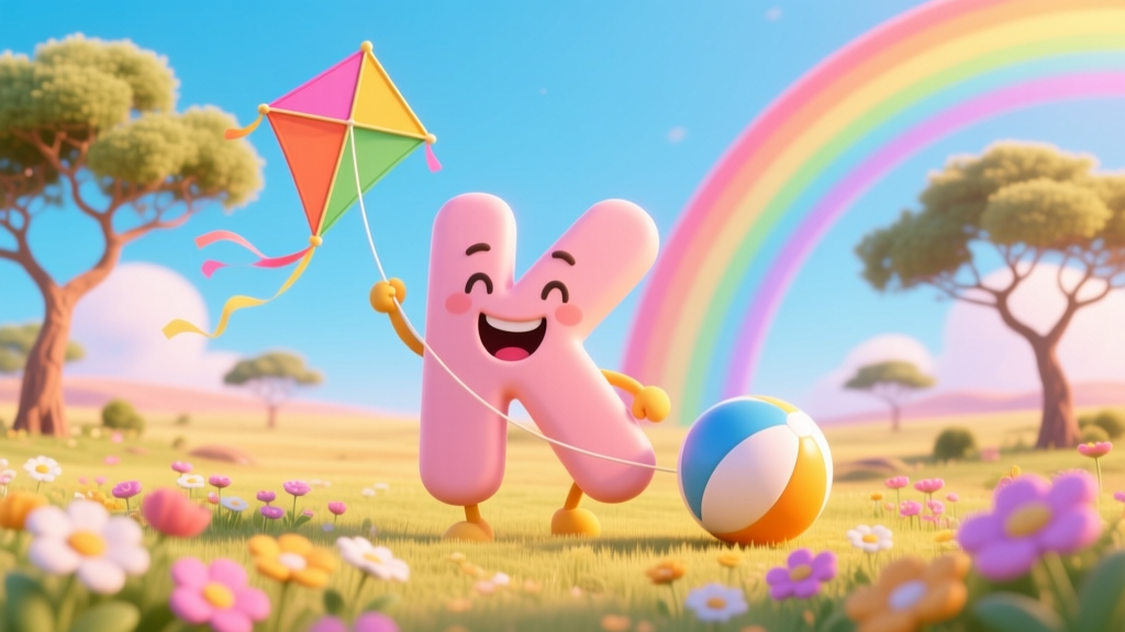 Joyful Cartoon Letter K Flying a Kite in a Sunny Meadow