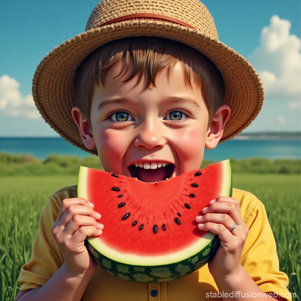 Joyful Child Eating Watermelon in Sunny Field