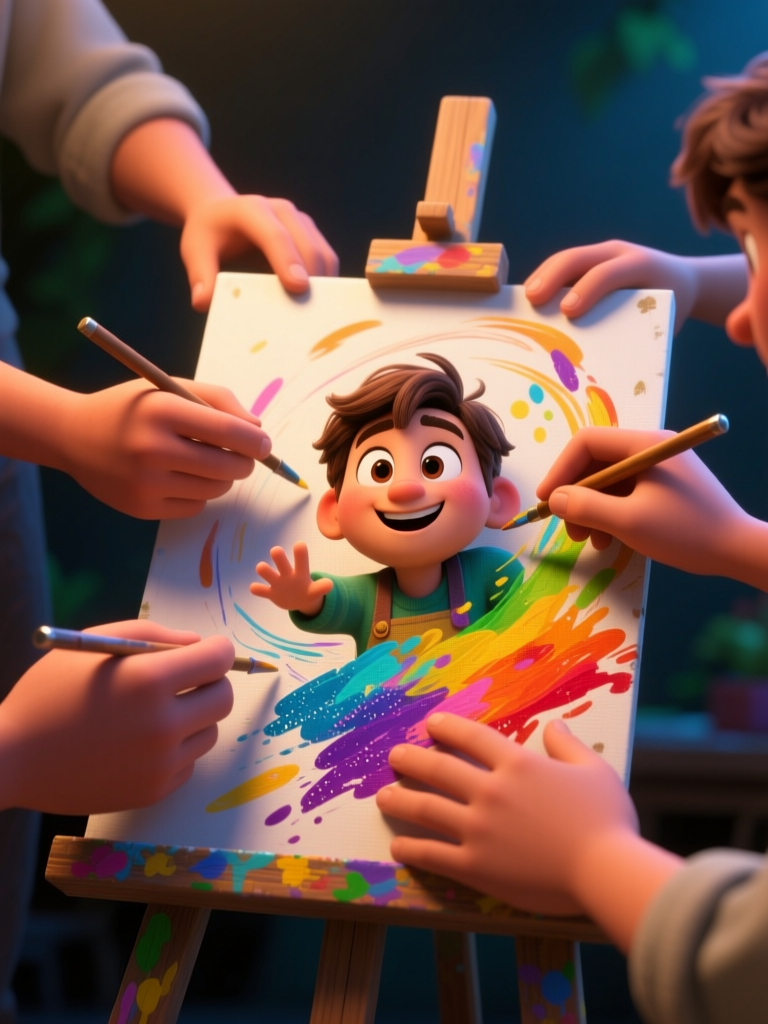 Joyful Child Emerging from Colorful Painting with Helping Hands