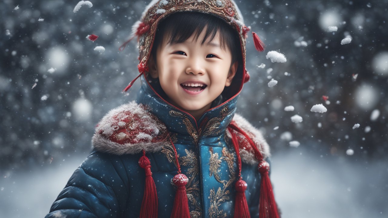 Joyful Child in Traditional Winter Attire Amid Snowfall