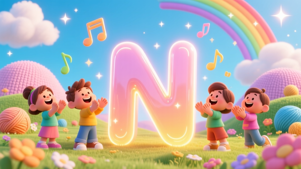 Joyful Children Clapping Around a Glowing Letter N