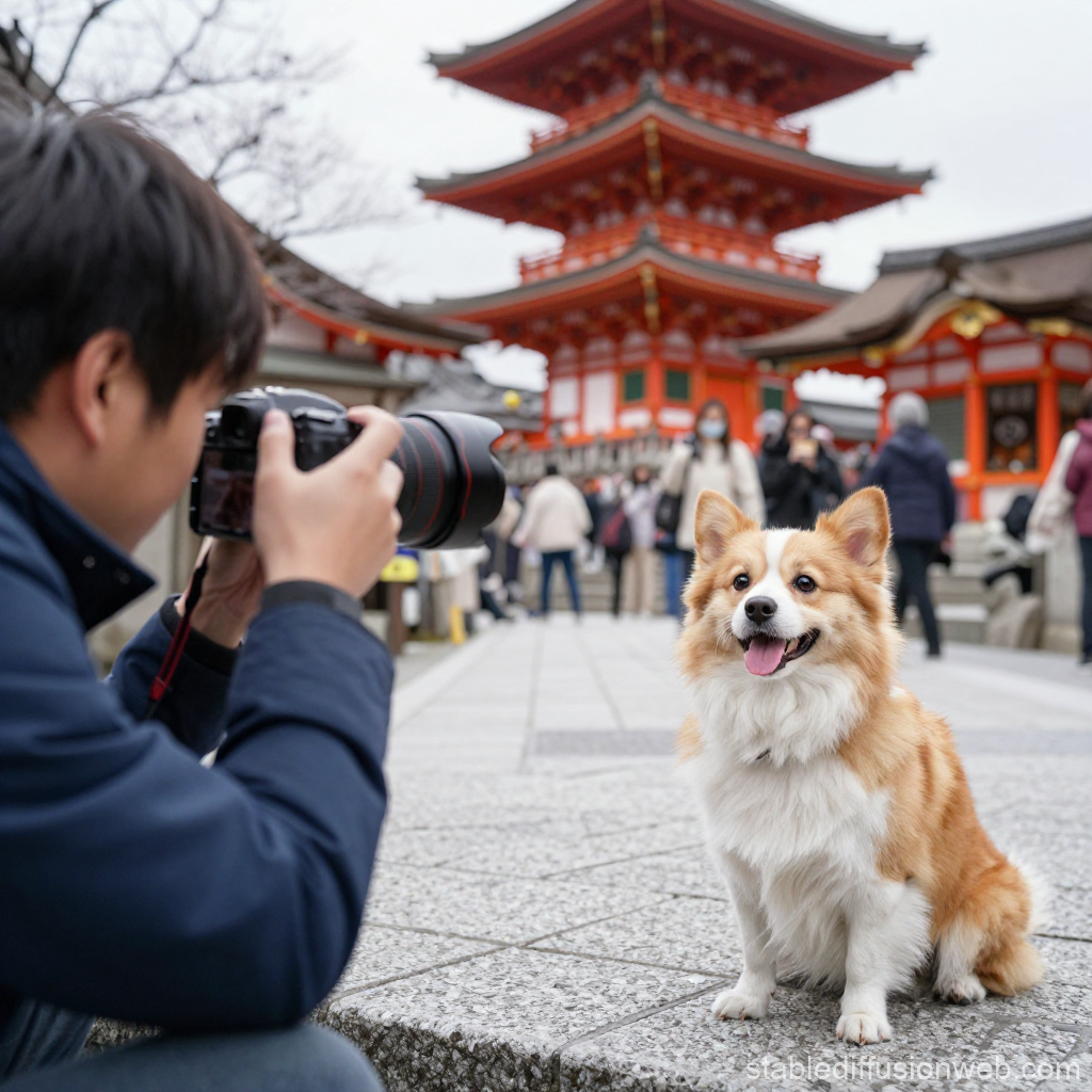 Joyful Corgi Posing for Photographer at Traditional Japanese Temple
