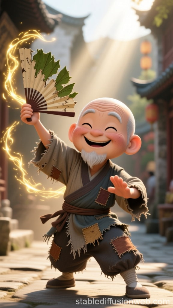 Joyful Elderly Monk with Magical Fan in Ancient Alley