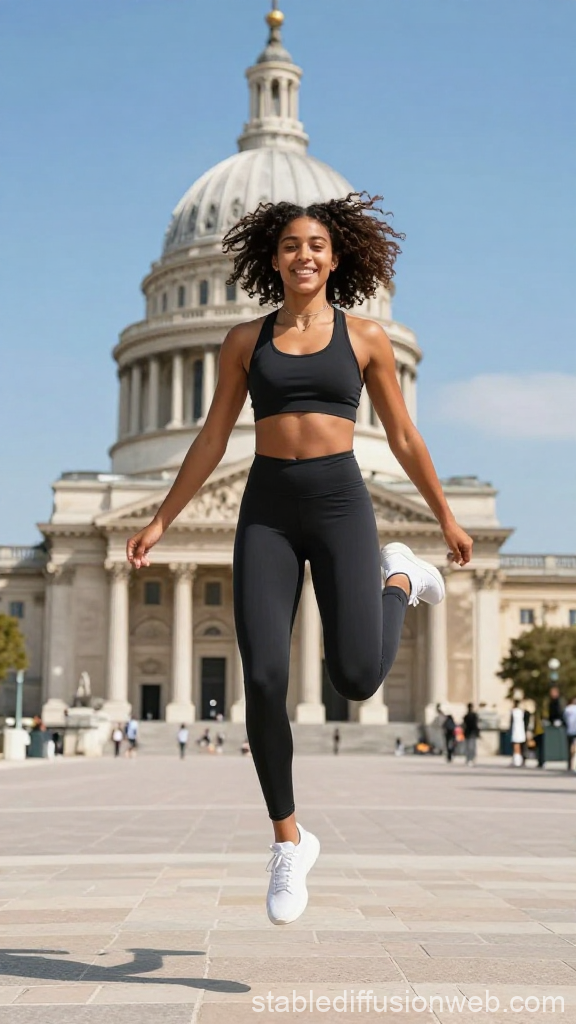 Joyful Fitness Woman Jumping Outdoors in Front of Historic Building