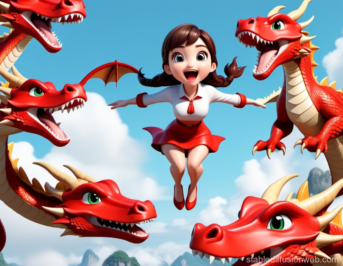 Joyful Girl Flying Among Friendly Red Dragons