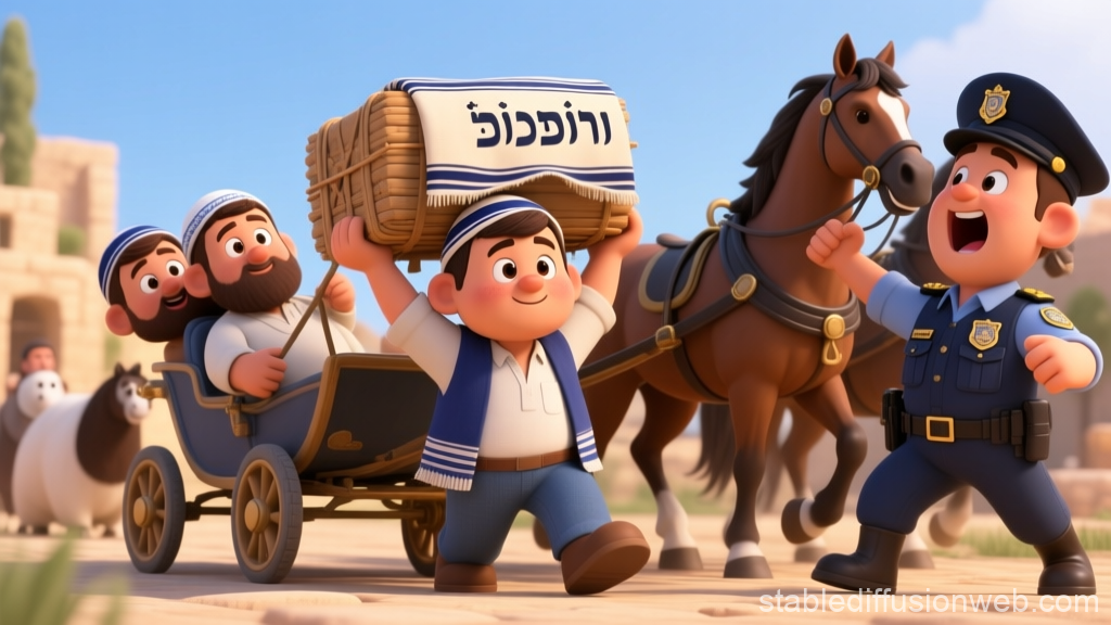 Joyful Jewish Characters with Horse and Police Officer in Animated Style