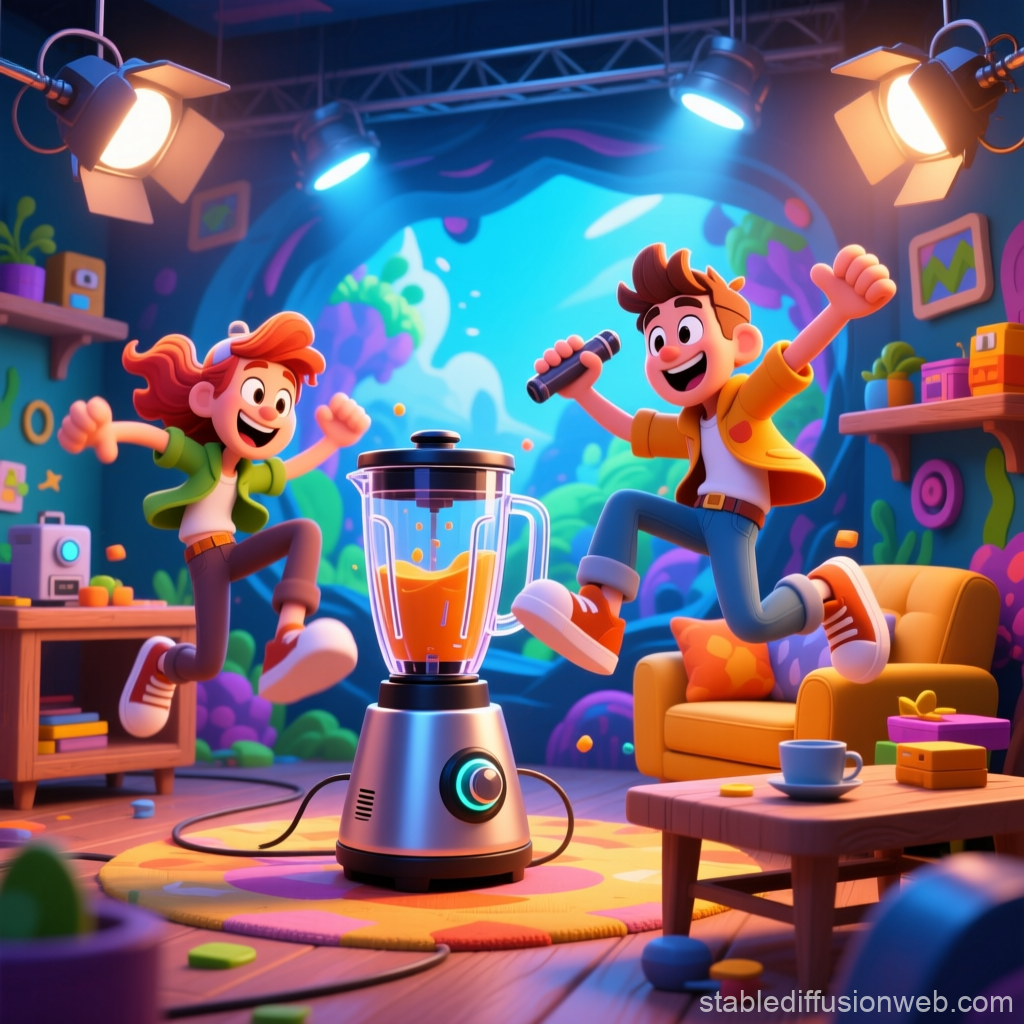 Joyful Kids Dancing Around a Blender in a Colorful Room