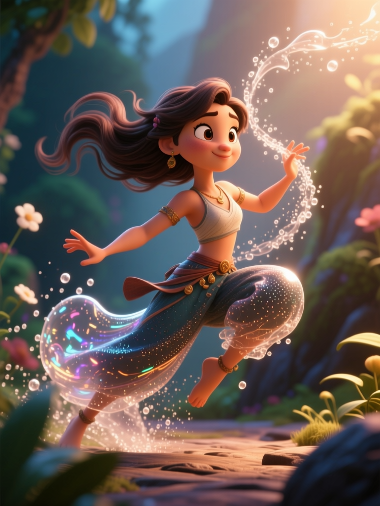 Joyful Magical Girl Dancing in Enchanted Forest