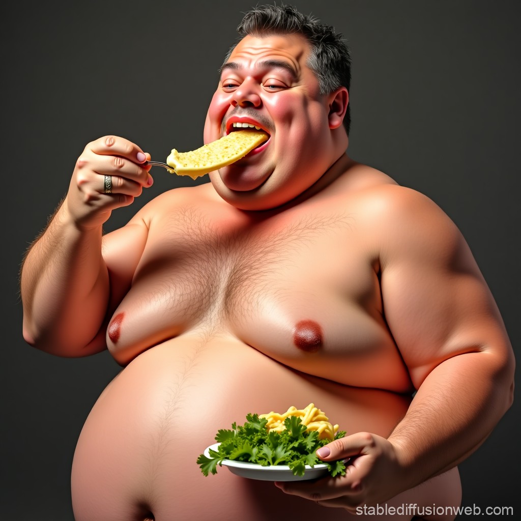 Joyful Overweight Man Eating Pasta with Greens