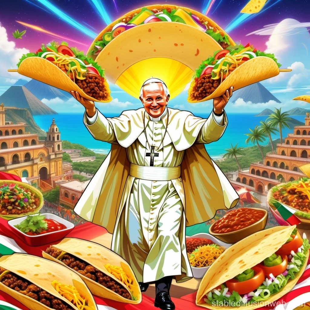 Joyful Pope Holding Giant Tacos in Vibrant Mexican Landscape