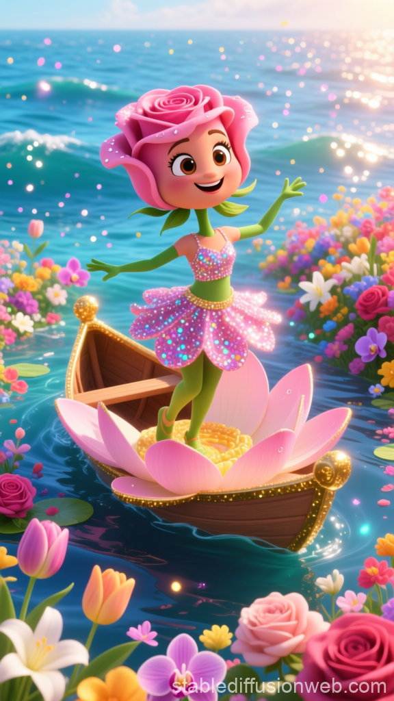 Joyful Rose Fairy Dancing on a Flower Boat
