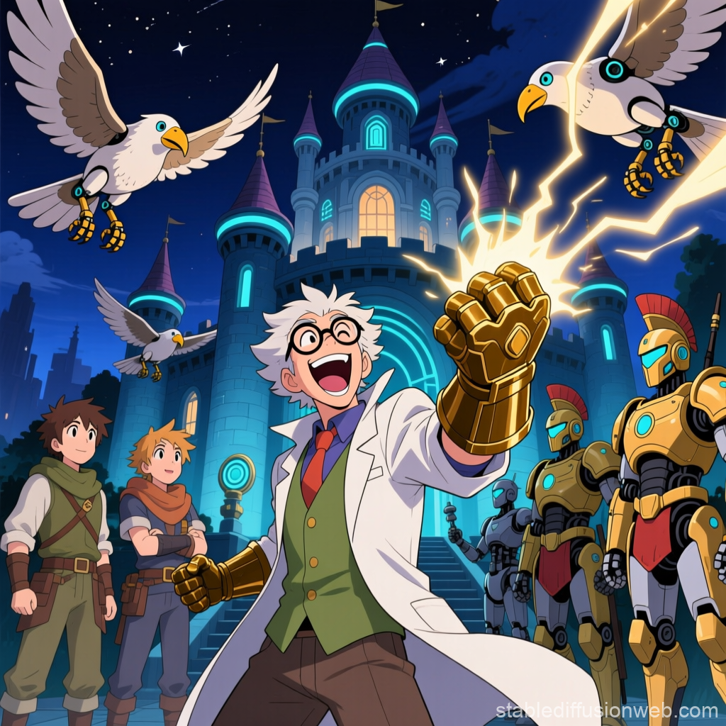 Joyful Scientist with Robotic Gauntlet in Futuristic Castle