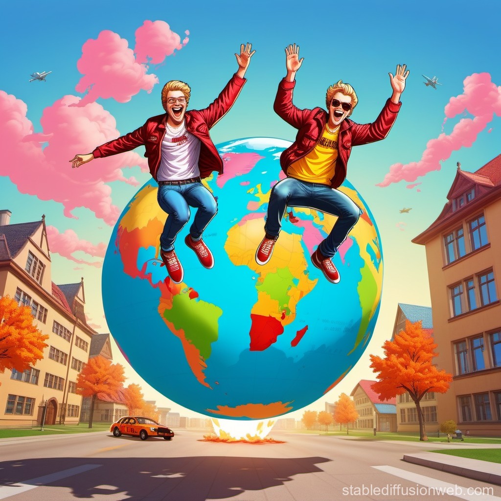 Joyful Twins Jumping on a Giant Globe in a Vibrant Town