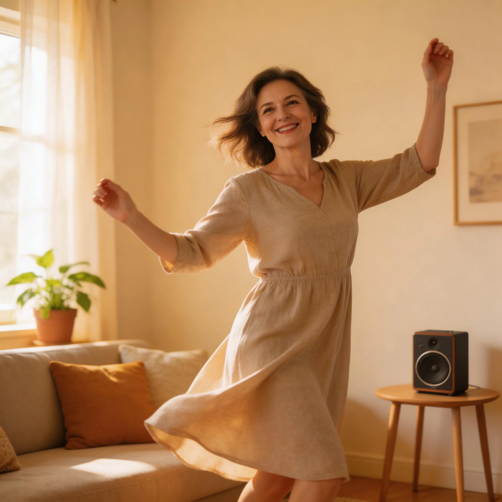 Joyful Woman Dancing in Cozy Living Room