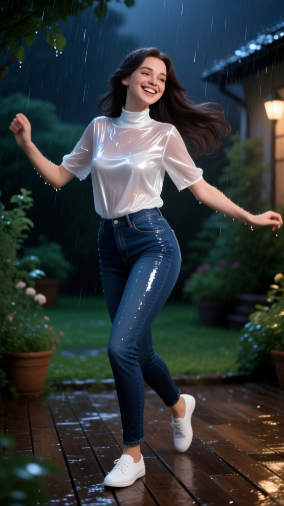 Joyful Woman Dancing in the Rain at Night