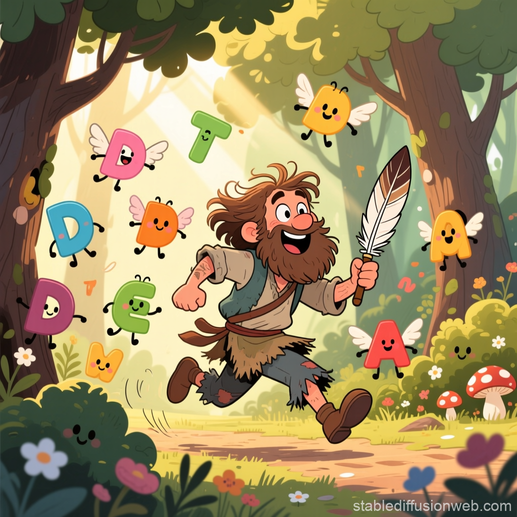 Joyful Writer Chasing Flying Letter Creatures in Enchanted Forest