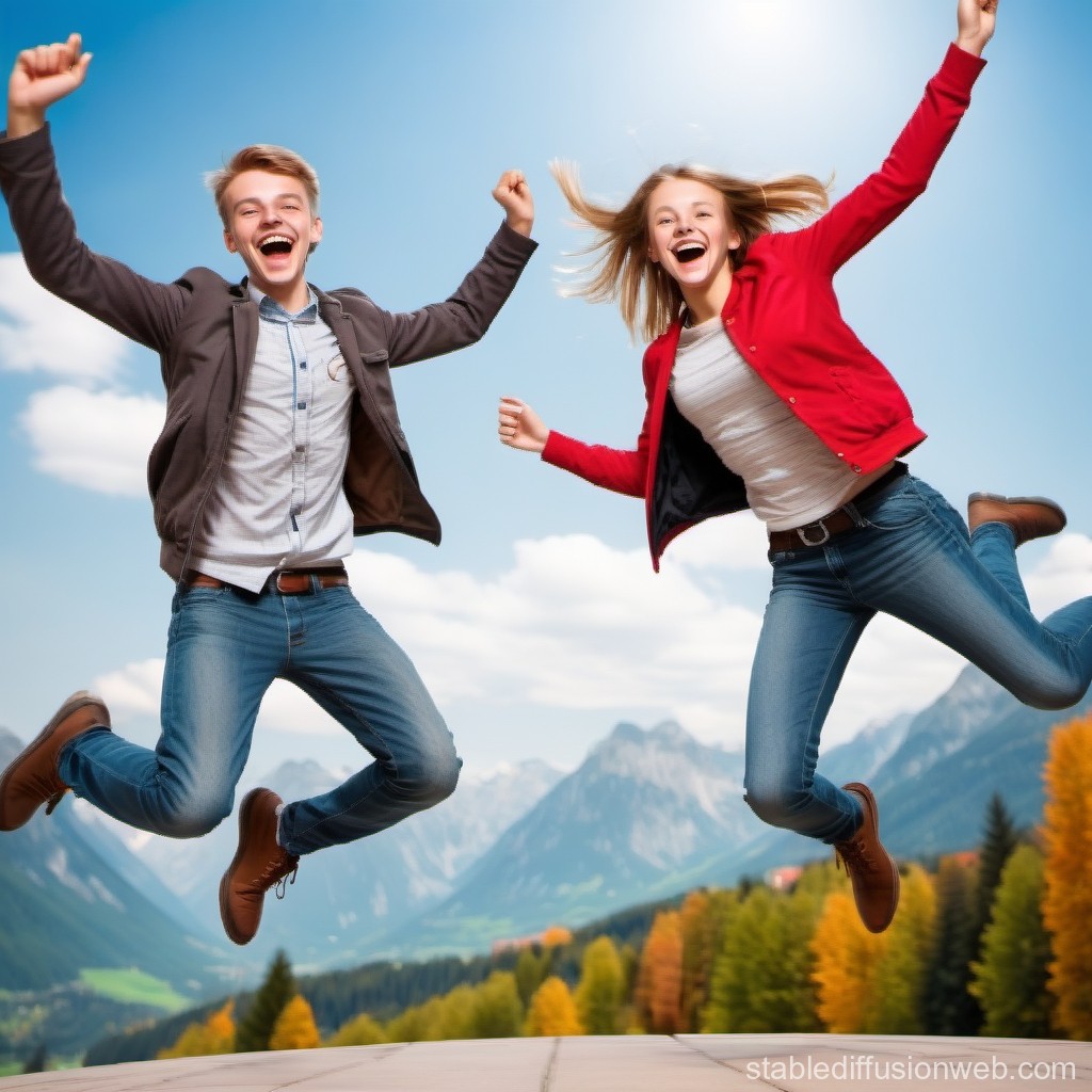 Joyful Young People Jumping Outdoors in Mountain Landscape