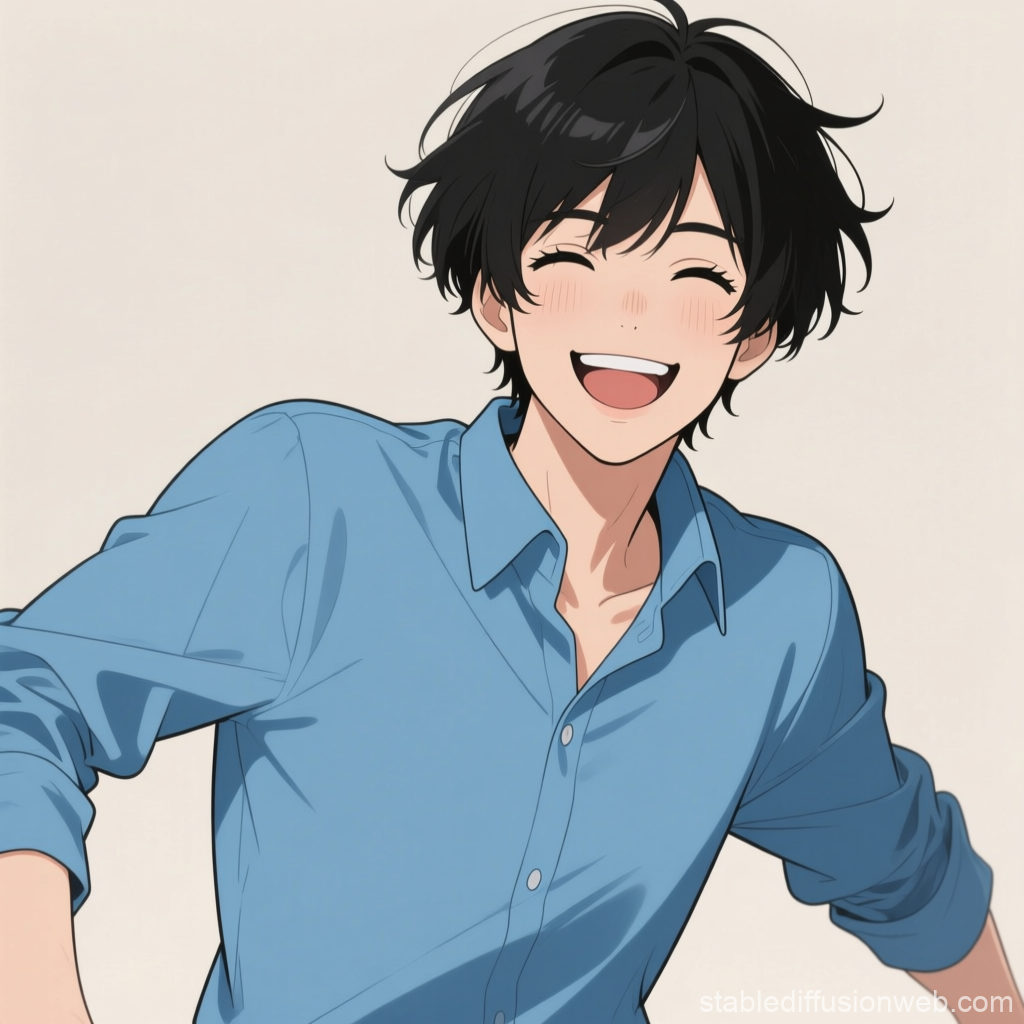 Joyful Youth with Black Hair in Blue Shirt