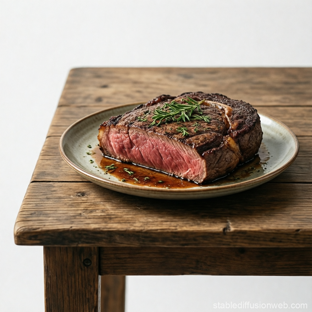 Juicy Medium-Rare Steak Garnished with Fresh Herbs on Plate