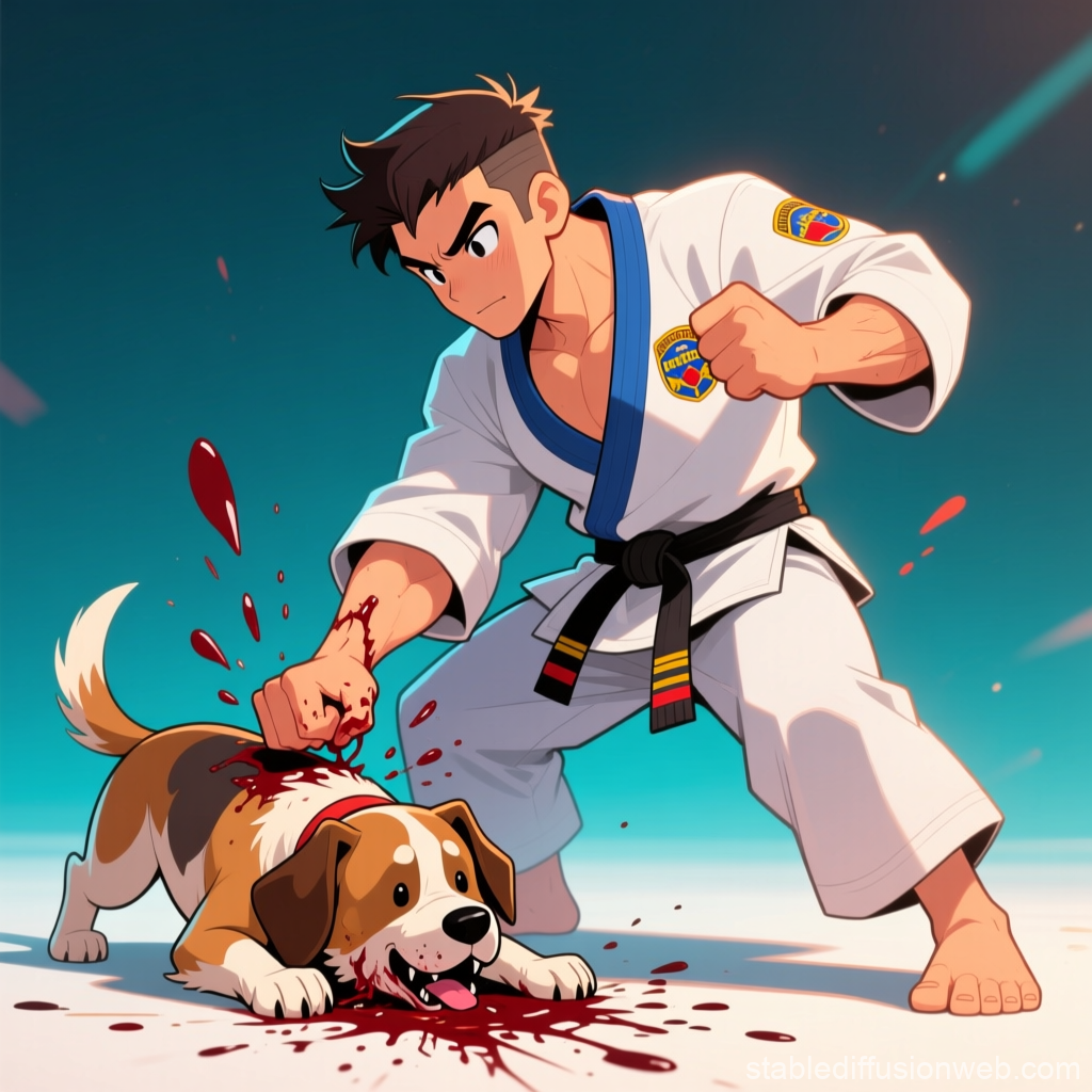 Karate Fighter Attacking a Dog in Anime Style