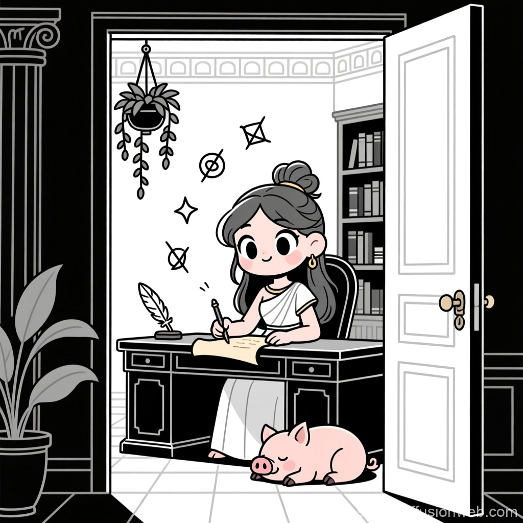 Kawaii Circe Writing at Desk with Sleeping Pig