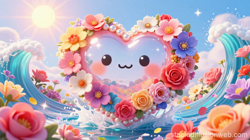 Kawaii Heart with Floral Frame in a Vibrant Fantasy Landscape