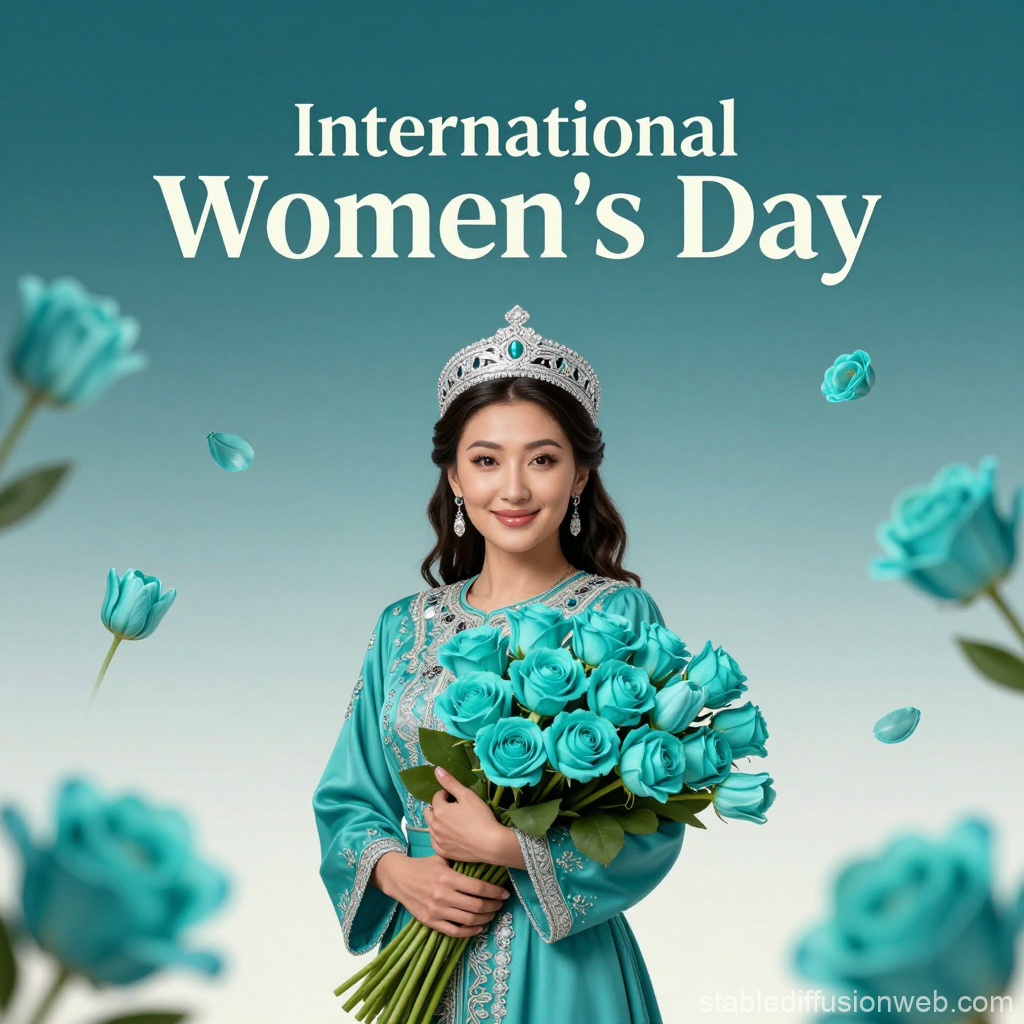 Kazakh Woman Celebrates International Women's Day with Turquoise Roses