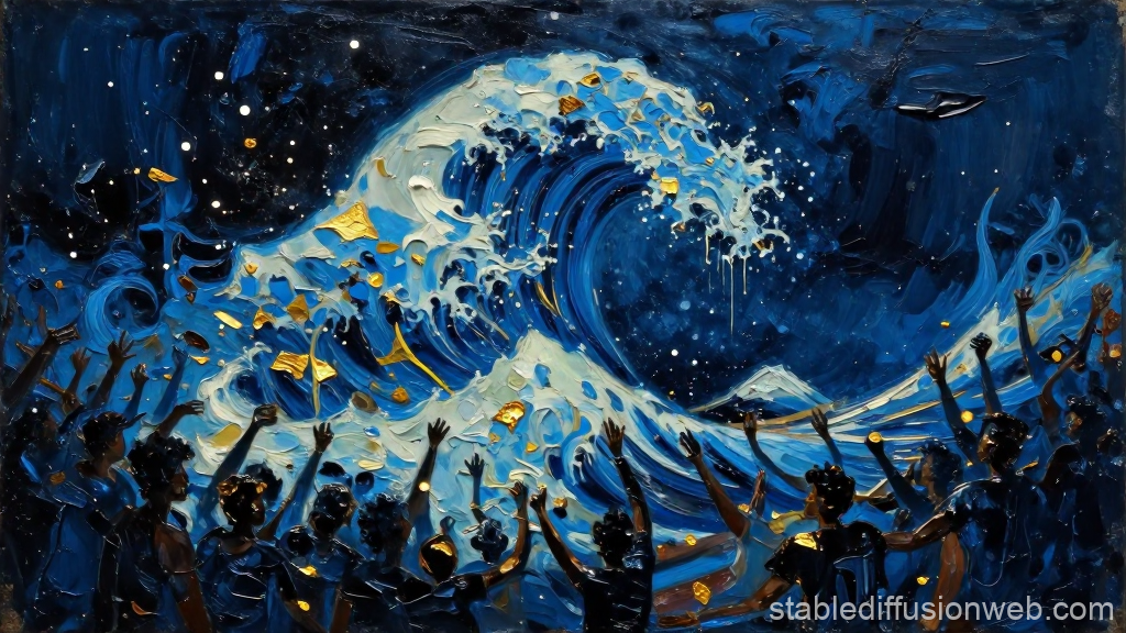 Kiefer-Inspired Burning Wave with Silhouetted Crowd