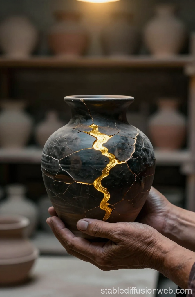 Kintsugi Pottery with Golden Cracks Held by Hands