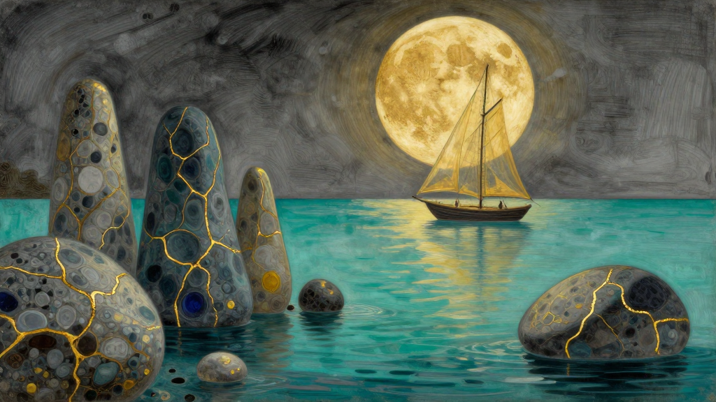 Kintsugi Stones by Moonlit Sea with Sailing Boat