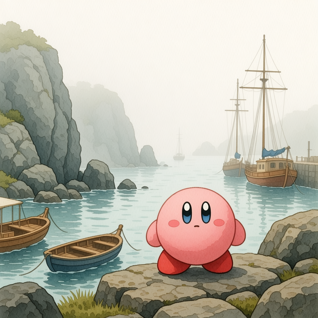Kirby in a Misty Harbor Landscape