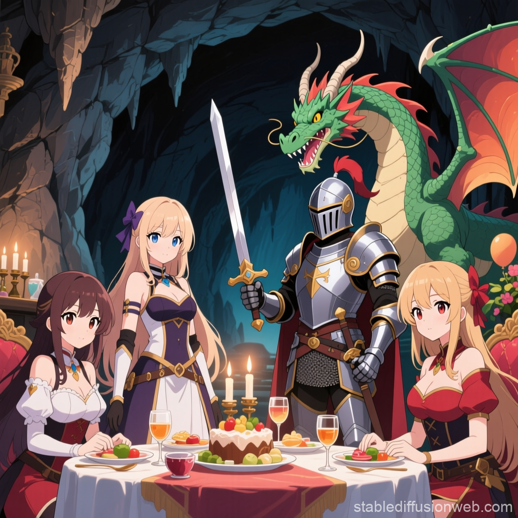 Knight and Companions with Dragon at Festive Table in Cave