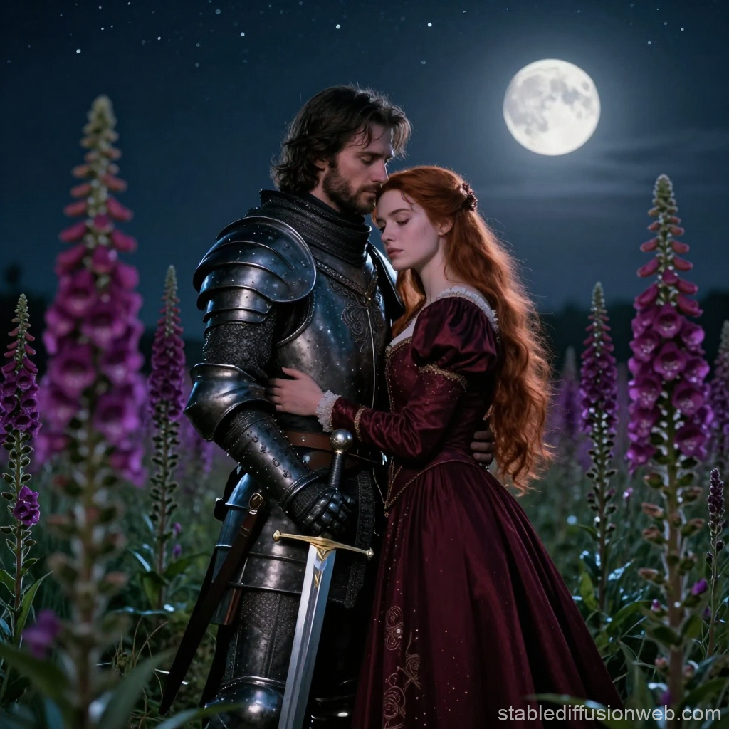 Knight and Princess Embrace Under Full Moon in Flower Field