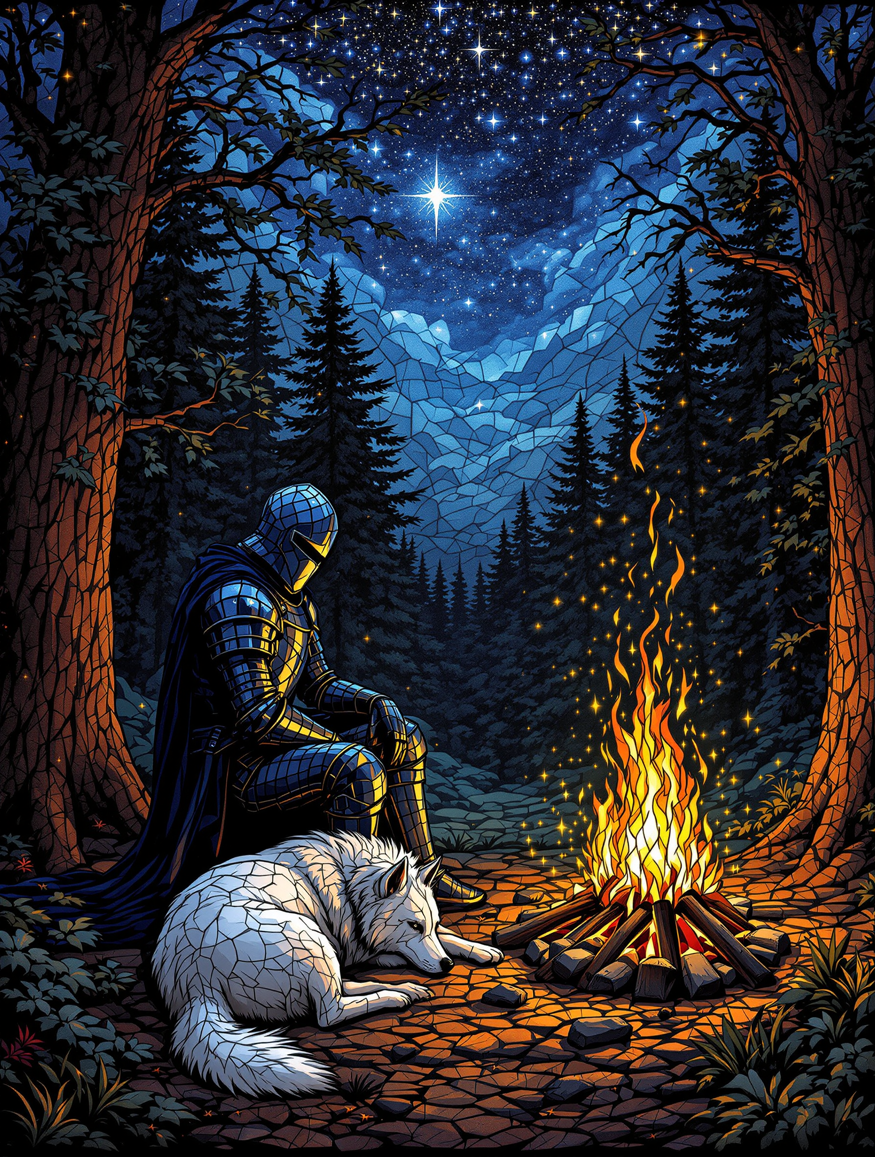 Knight and Wolf by Campfire Under a Starry Night