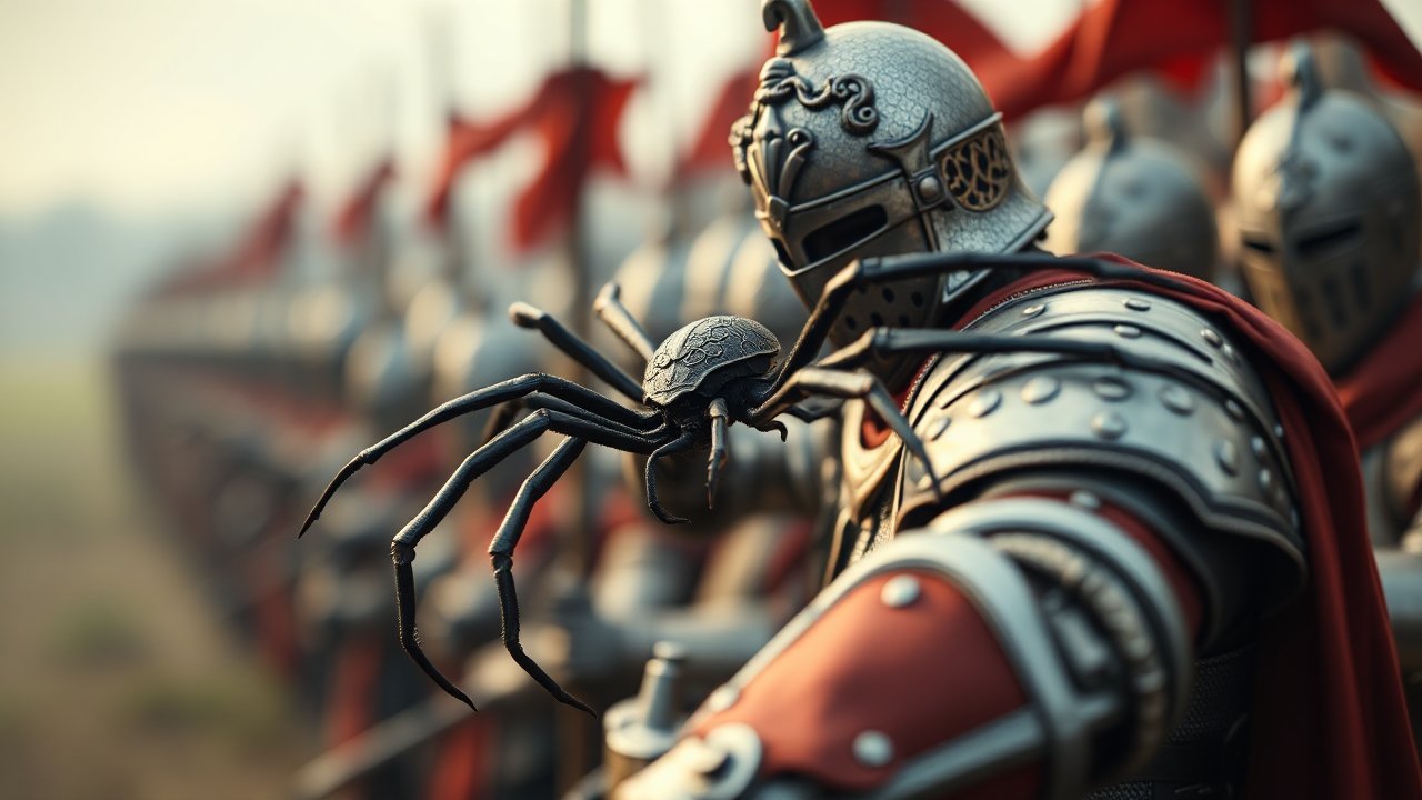 Knight in Armor with Giant Mechanical Spider