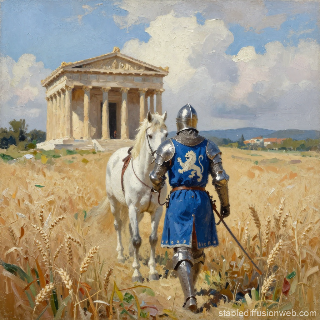Knight in Blue Surcoat Approaching Ancient Temple