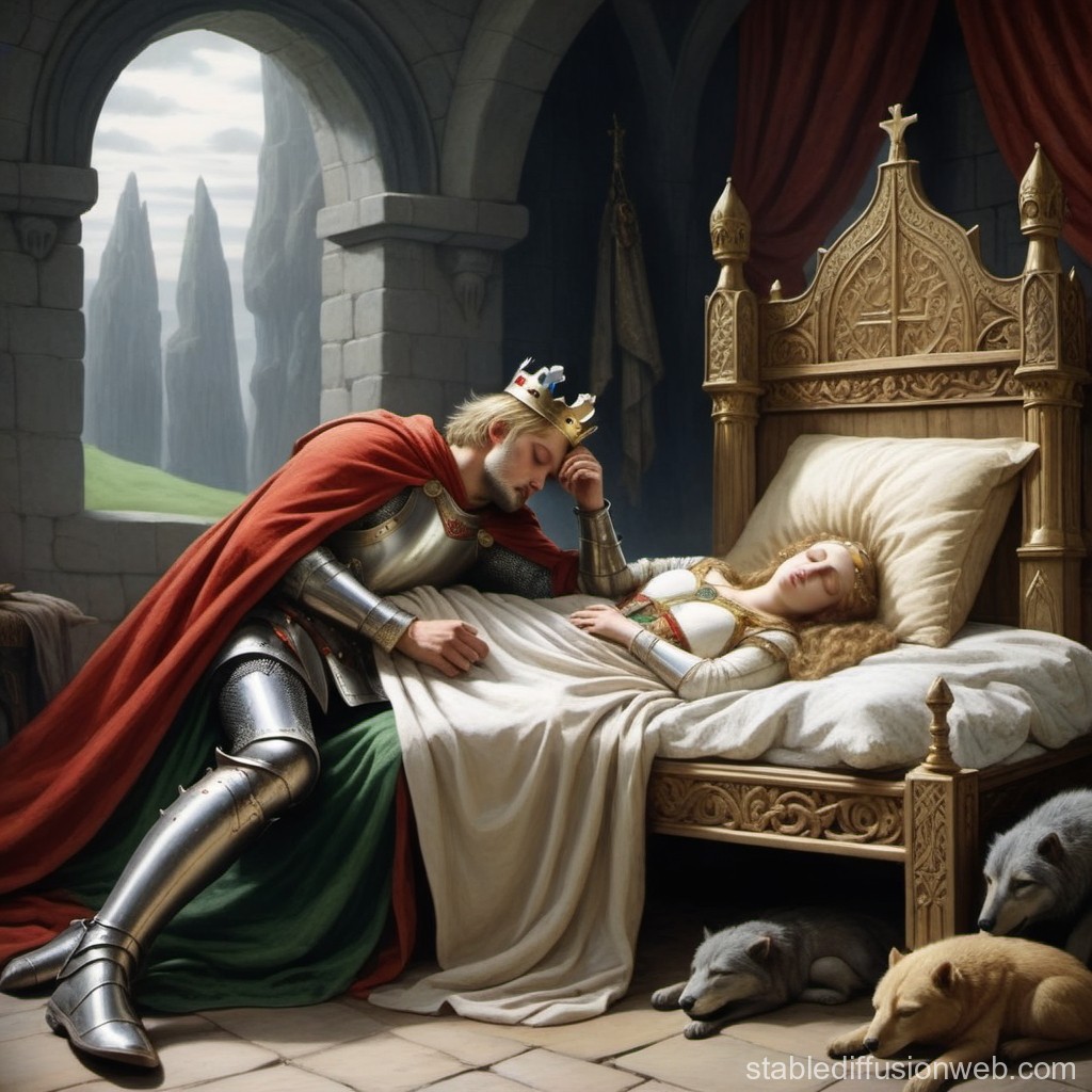 Knight Mourning Over Sleeping Princess in Medieval Chamber