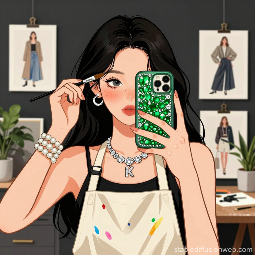 Korean Anime Artist Taking a Selfie While Painting