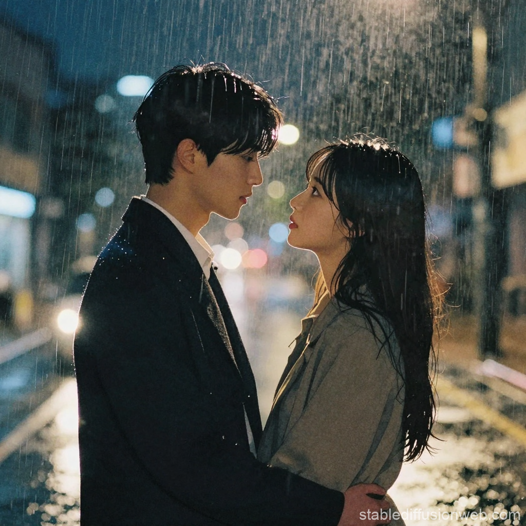 Korean Couple Embracing in the Rainy Night