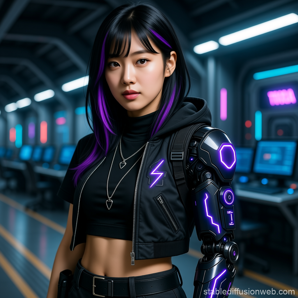 Korean Cyberpunk Hacker with Neon Cybernetic Arm