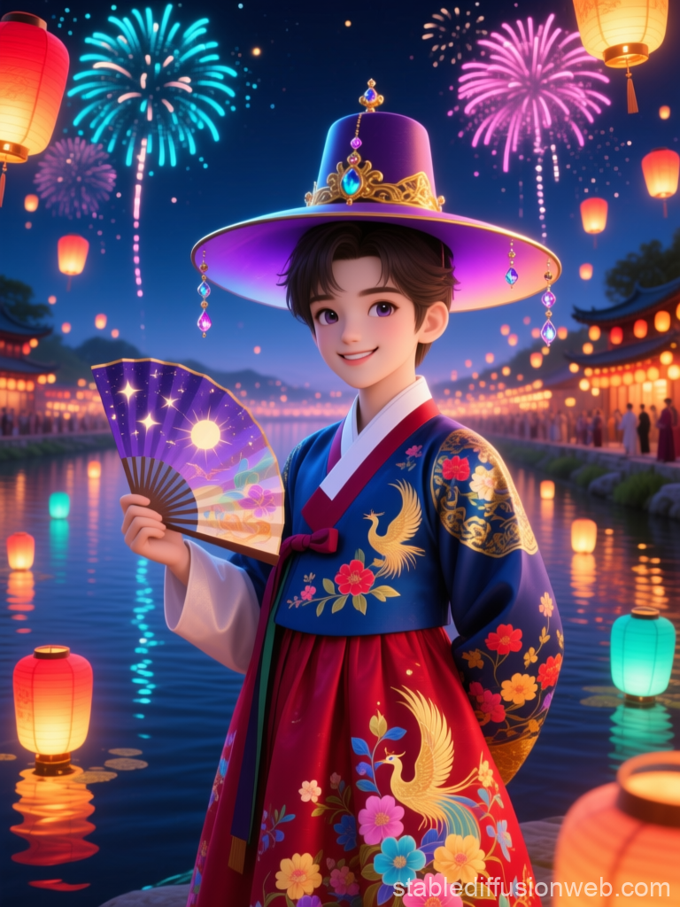 Korean Lantern Festival with Traditional Hanbok and Fireworks