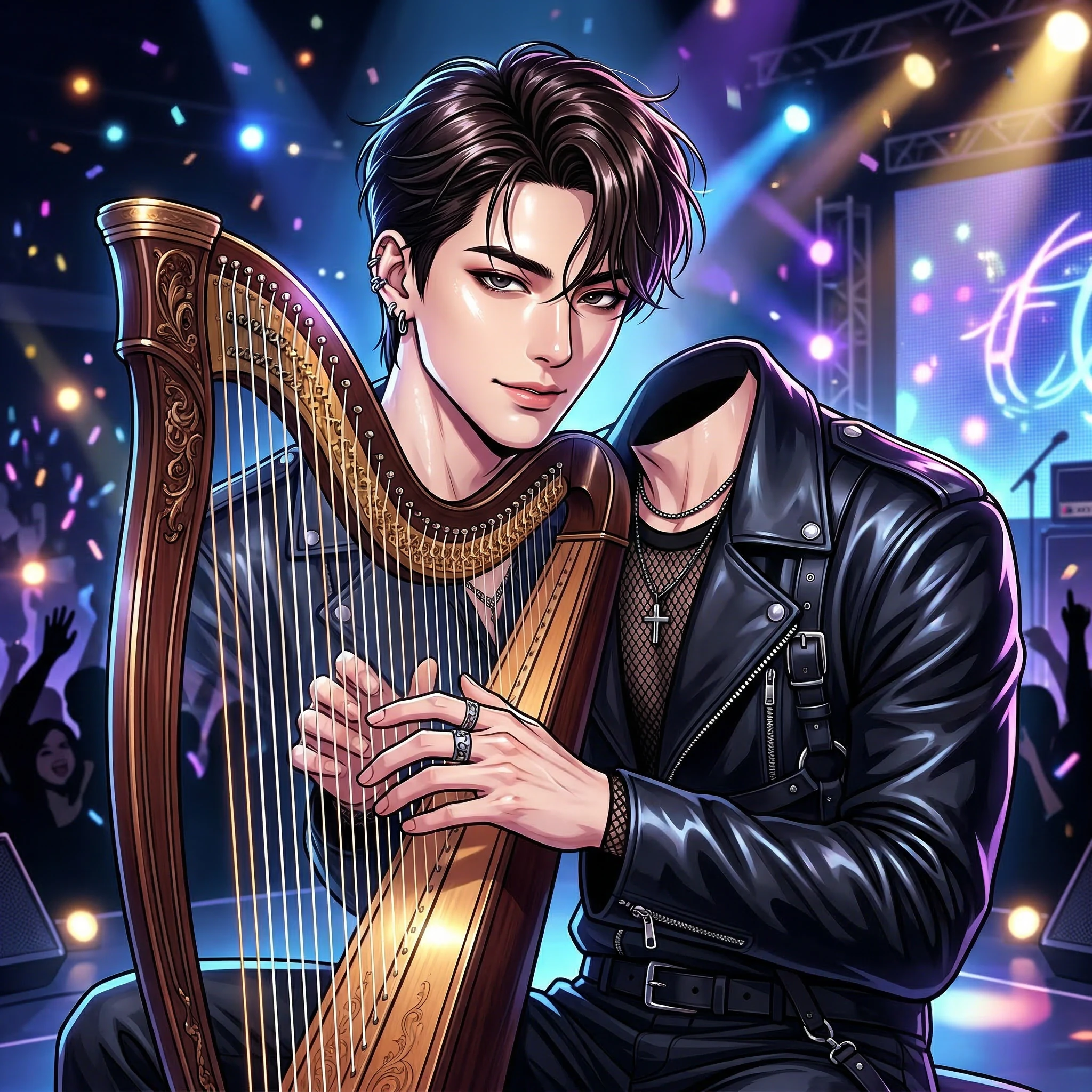 Korean Manhwa Idol Playing Harp on Stage