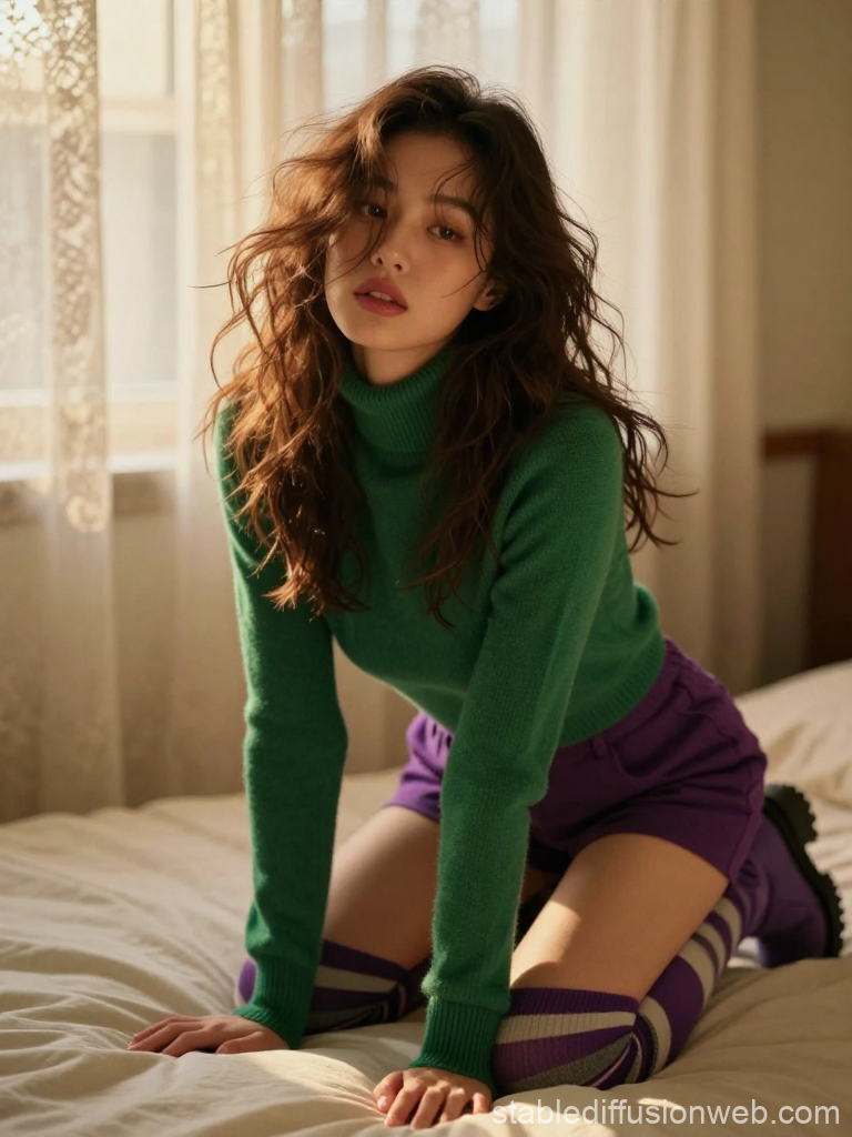 Korean Woman in Green Sweater and Purple Shorts Sitting on Bed