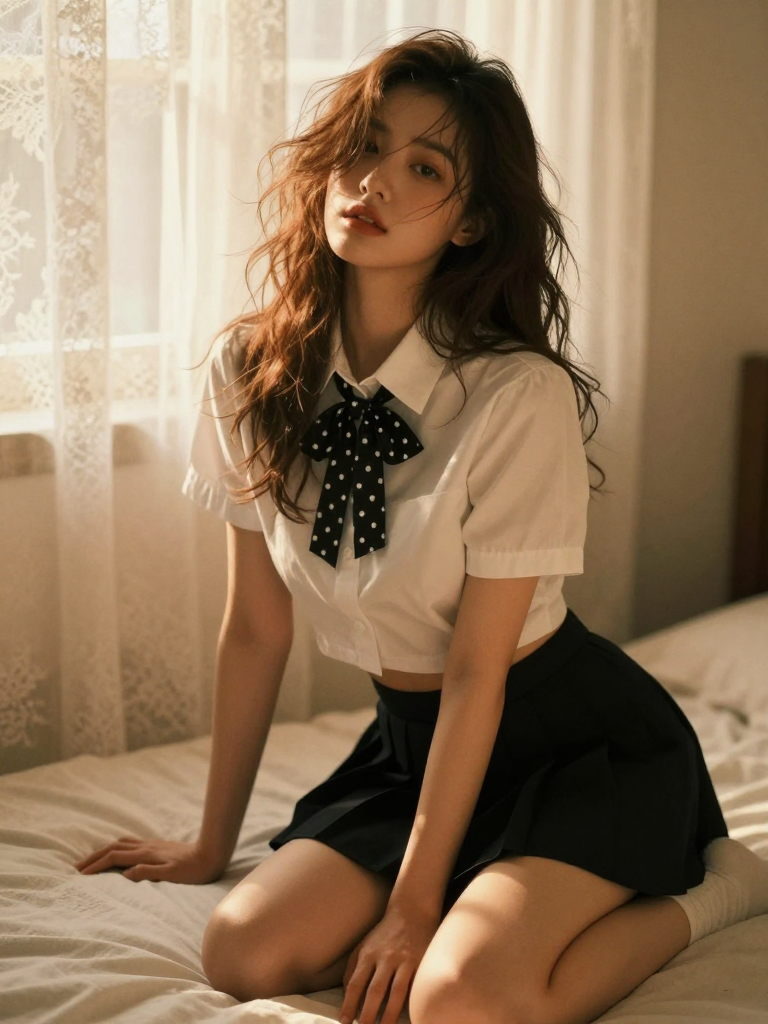 Korean Woman in Vintage School Uniform Sitting on Bed
