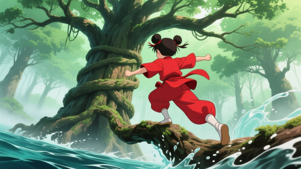 Kung Fu Girl Running on Tree Root in Mystical Forest