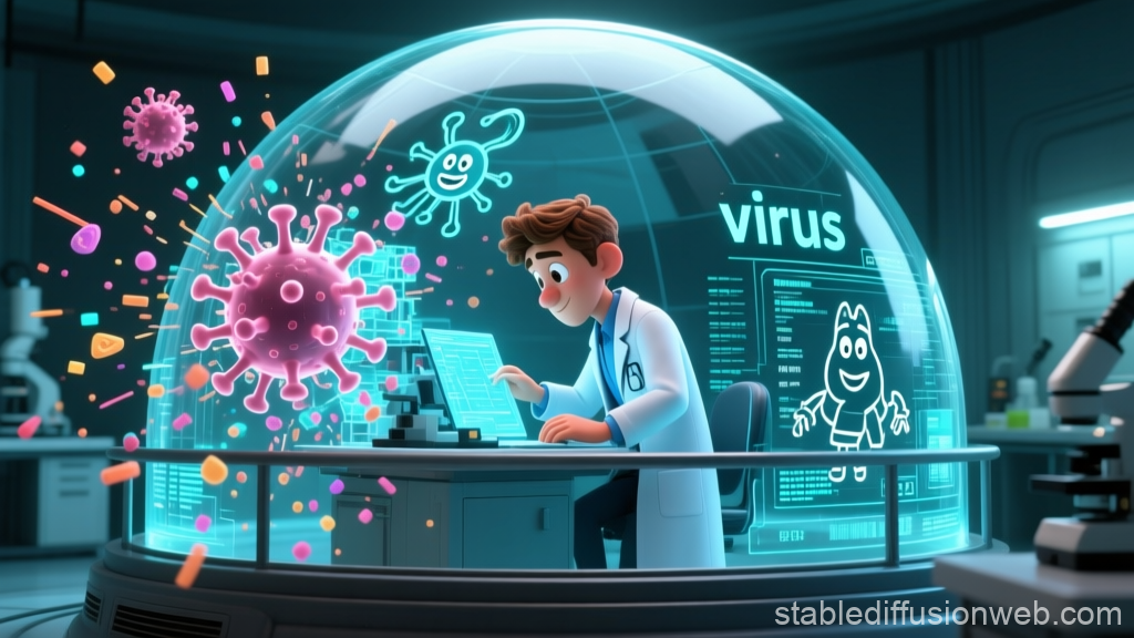 Lab Scientist Analyzing Virus in Futuristic Holographic Environment